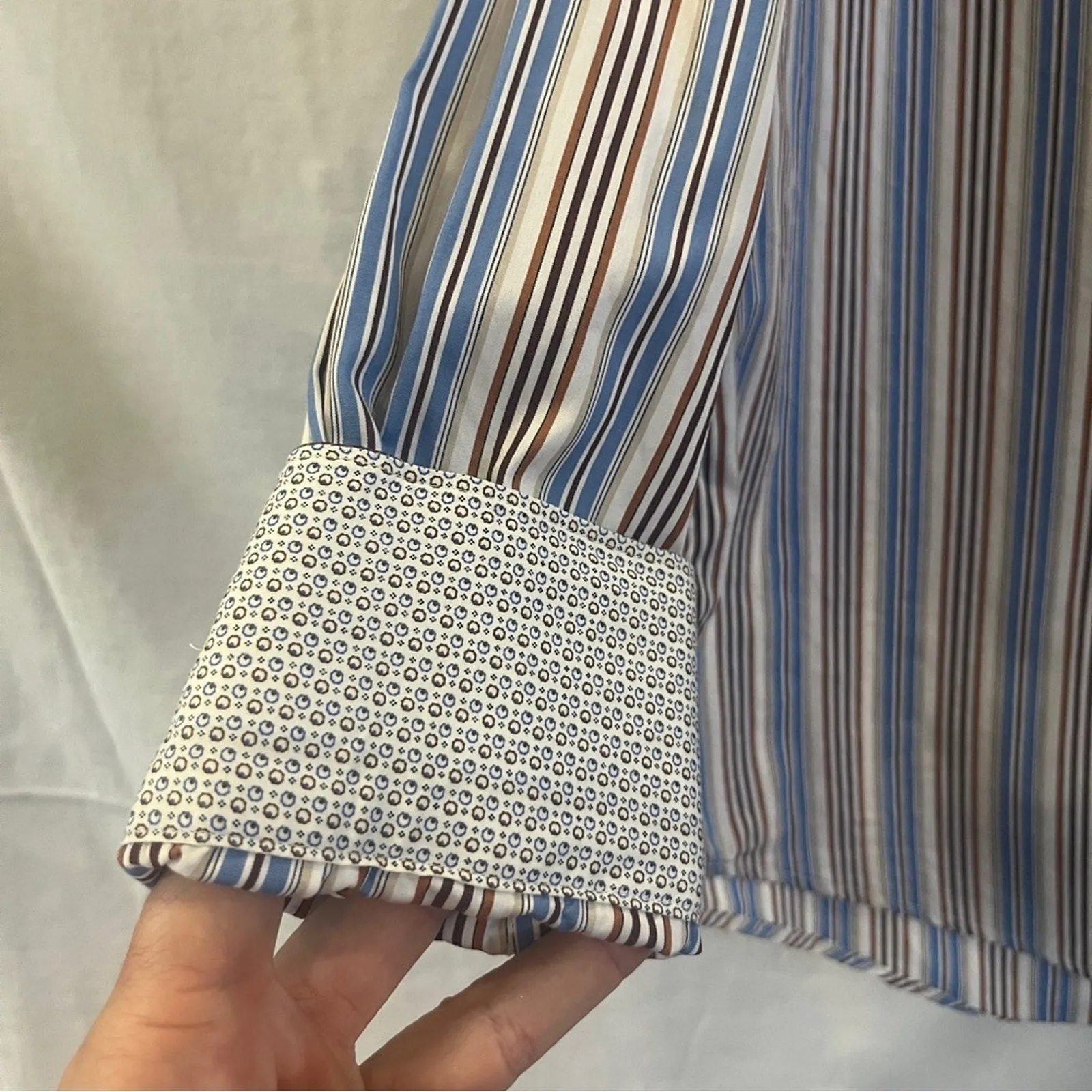 Bugatchi Classic Fit Button Down Shirt Mens Striped Blue Brown Ivory Preppy Edgy