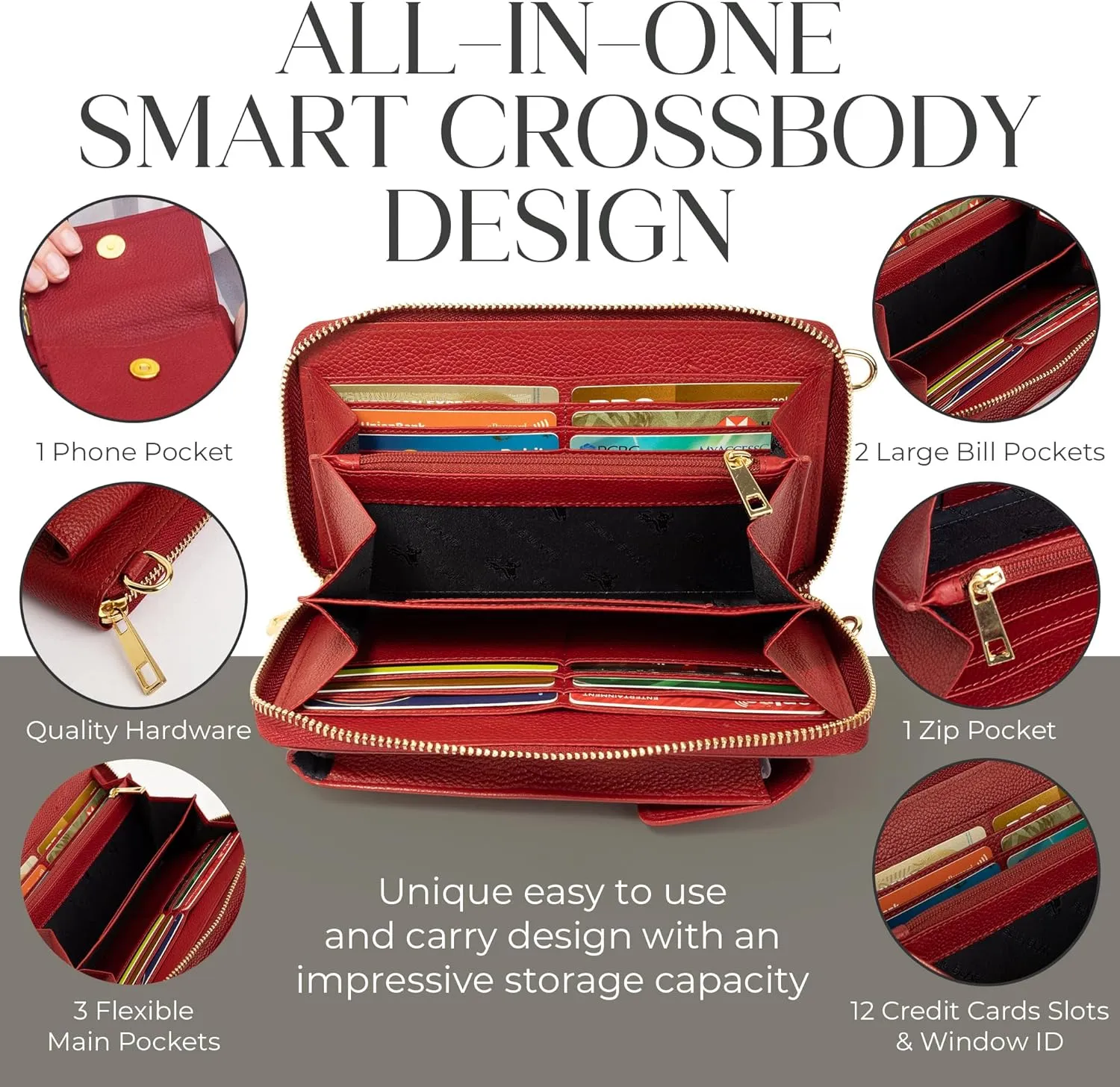 BULL GUARD Crossbody Leather Wallet Phone Purse, Anti Theft and RFID Blocking, Small Elegant Design for Travel