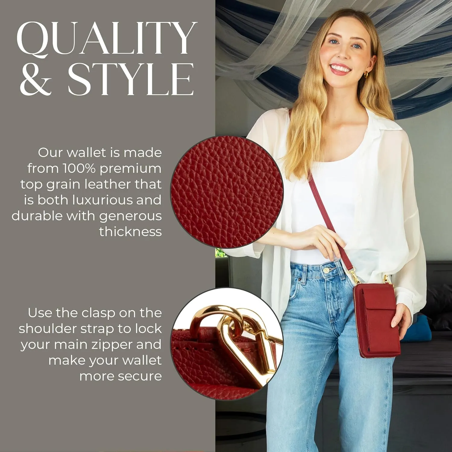 BULL GUARD Crossbody Leather Wallet Phone Purse, Anti Theft and RFID Blocking, Small Elegant Design for Travel