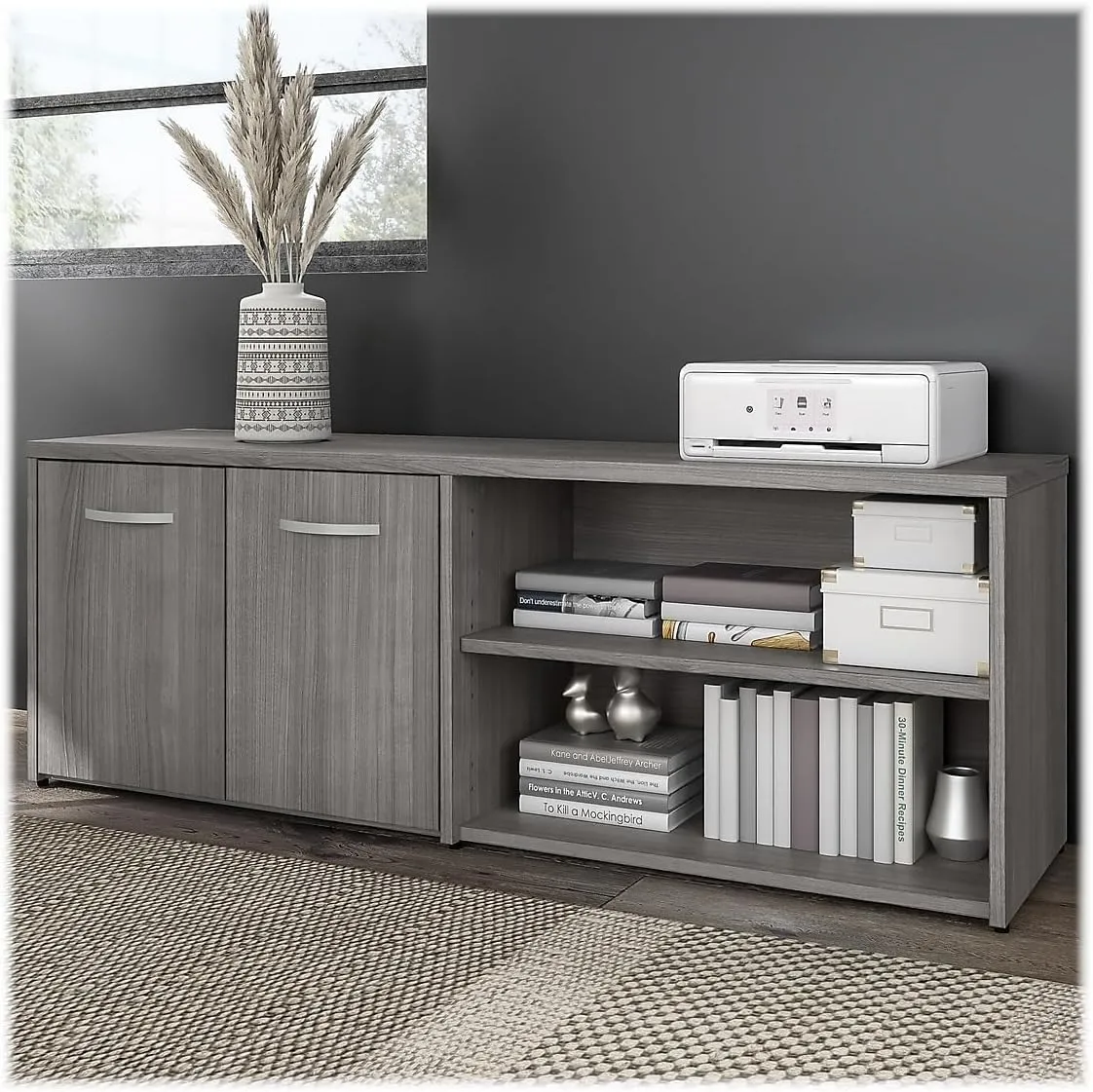 Bush Business Furniture Hybrid Low Storage Cabinet with Doors and Shelves, Platinum Gray