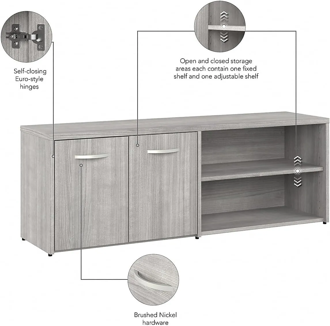 Bush Business Furniture Hybrid Low Storage Cabinet with Doors and Shelves, Platinum Gray