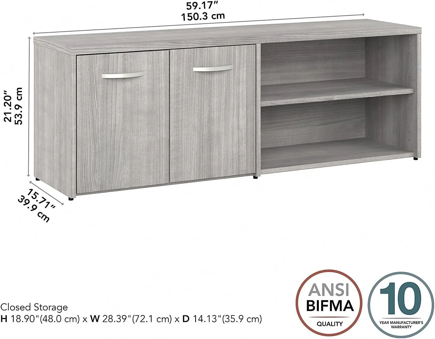 Bush Business Furniture Hybrid Low Storage Cabinet with Doors and Shelves, Platinum Gray