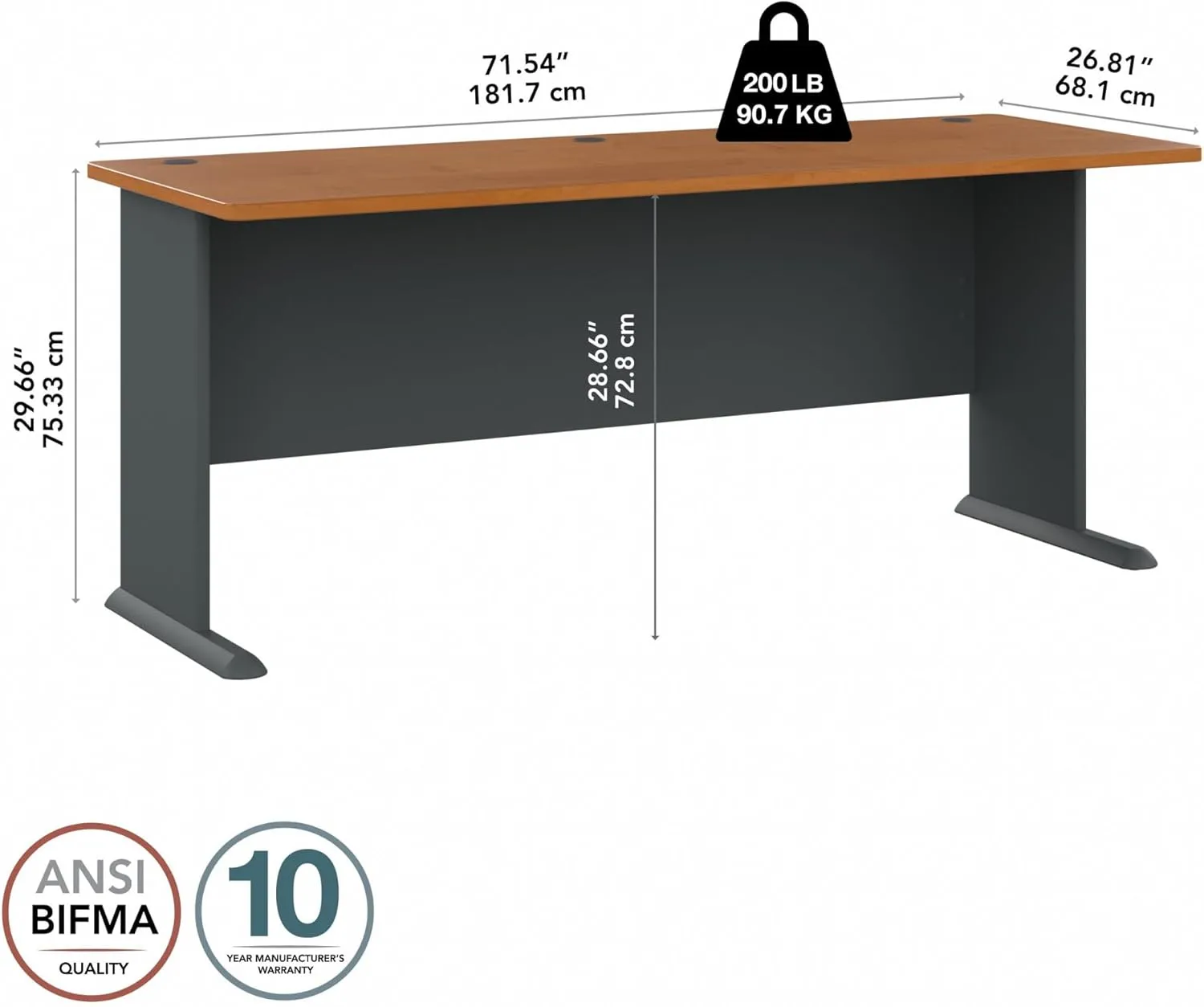Bush Business Furniture Series A Desk, Large Workstation for Home or Professional Workspace, Desktop Solution for Office Use, 72W, Natural Cherry