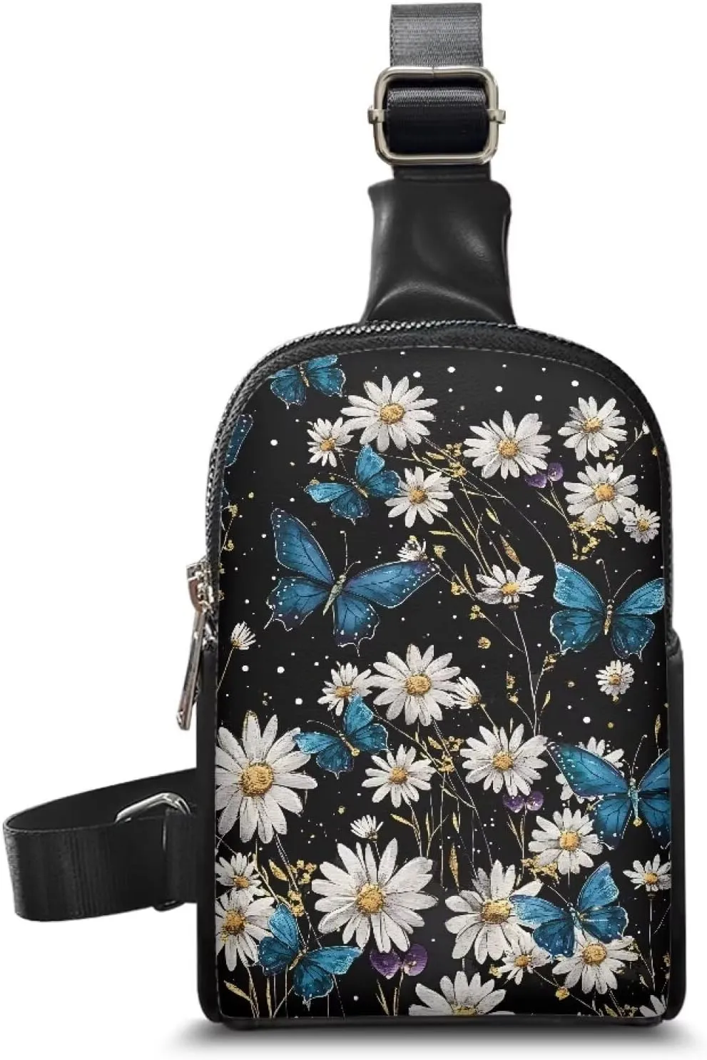 Butterfly Flowers Mini Crossbody Sling Bag Chest Bag for Women, Blue Butterflies Backpack Fanny Pack Travel Purse, White Daisy Floral Belt Bag Crossbody Bags PU Leather