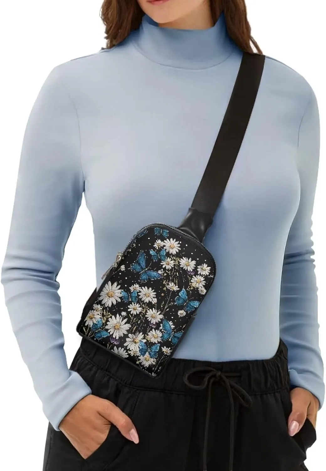Butterfly Flowers Mini Crossbody Sling Bag Chest Bag for Women, Blue Butterflies Backpack Fanny Pack Travel Purse, White Daisy Floral Belt Bag Crossbody Bags PU Leather