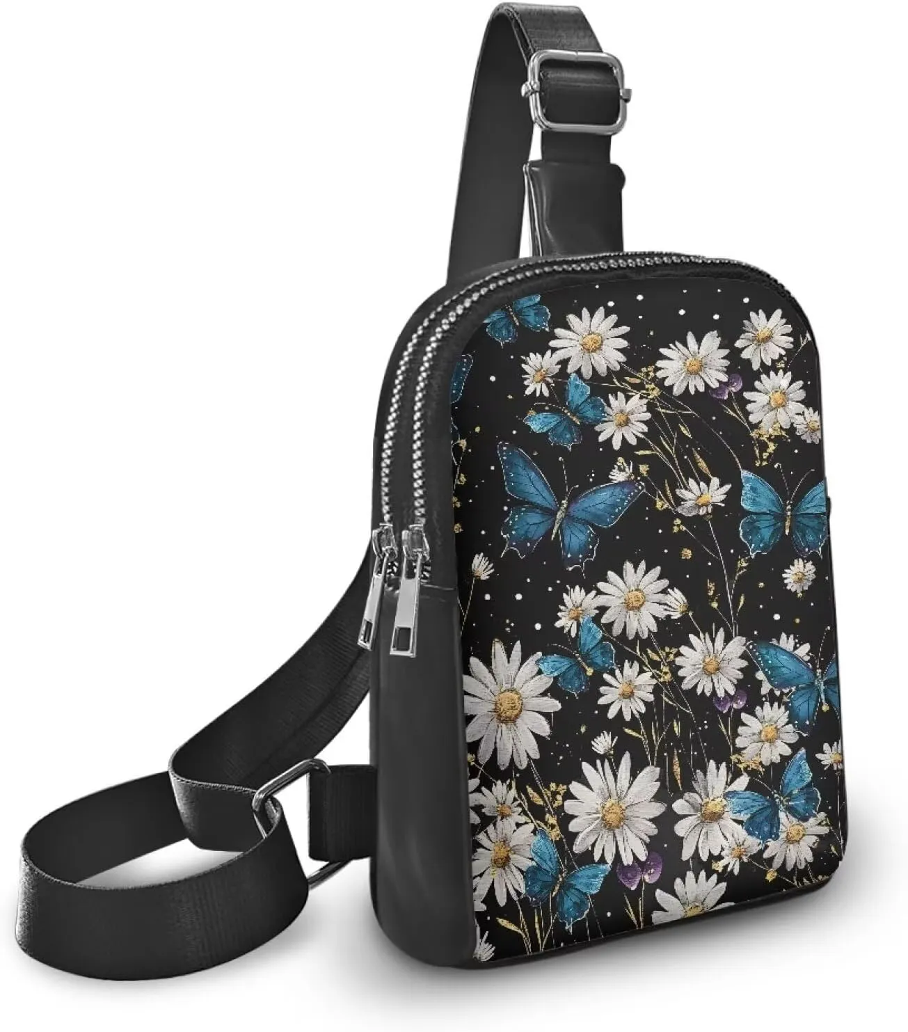 Butterfly Flowers Mini Crossbody Sling Bag Chest Bag for Women, Blue Butterflies Backpack Fanny Pack Travel Purse, White Daisy Floral Belt Bag Crossbody Bags PU Leather