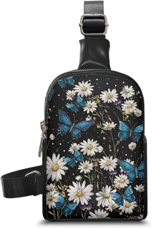 Butterfly Flowers Mini Crossbody Sling Bag Chest Bag for Women, Blue Butterflies Backpack Fanny Pack Travel Purse, White Daisy Floral Belt Bag Crossbody Bags PU Leather