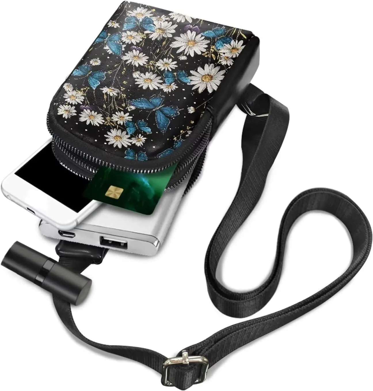 Butterfly Flowers Mini Crossbody Sling Bag Chest Bag for Women, Blue Butterflies Backpack Fanny Pack Travel Purse, White Daisy Floral Belt Bag Crossbody Bags PU Leather