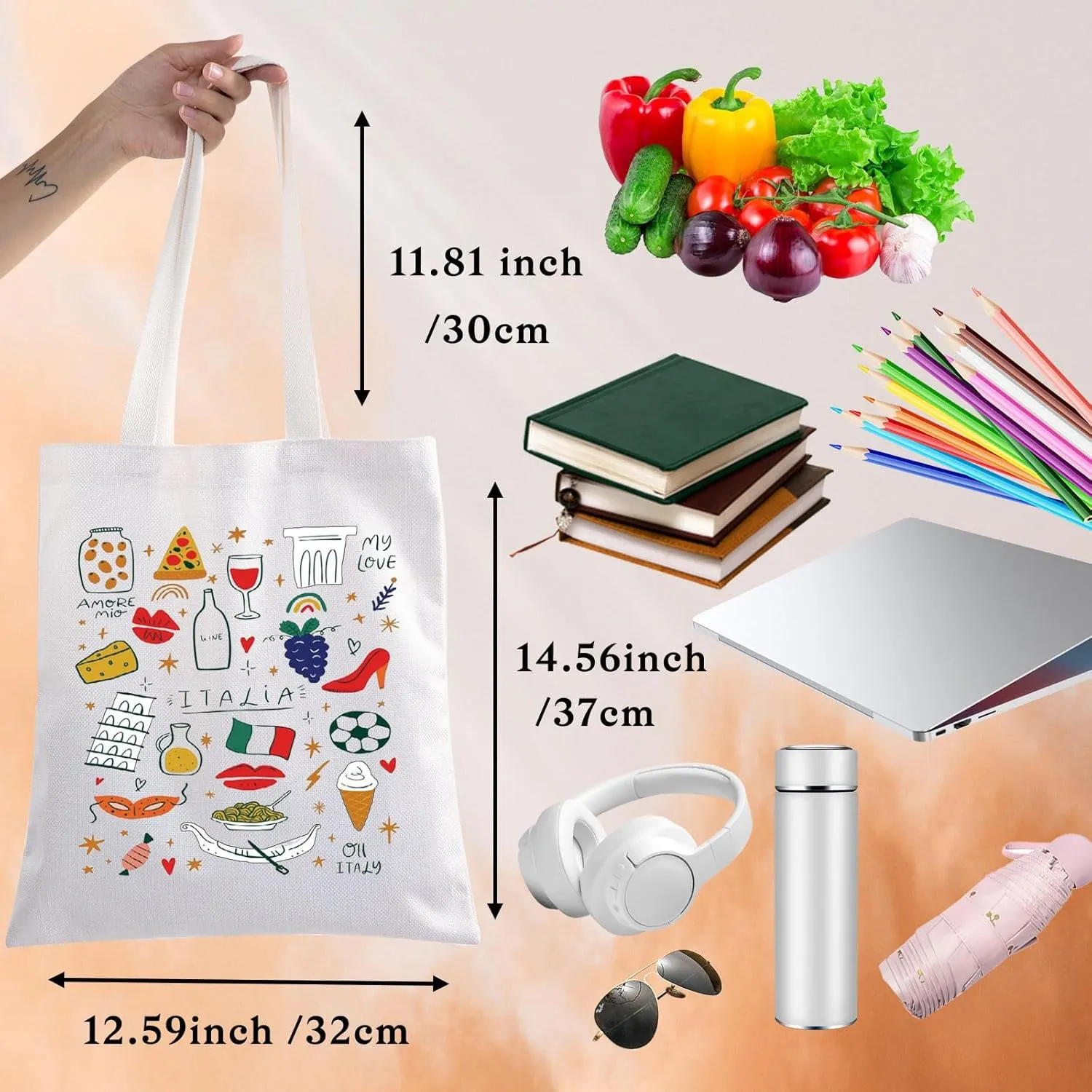 BWWKTOP Italy Canvas Tote Bag Italy Souvenir Gifts Italia Shopping Bag Italia Land Icons Shoulder Bag