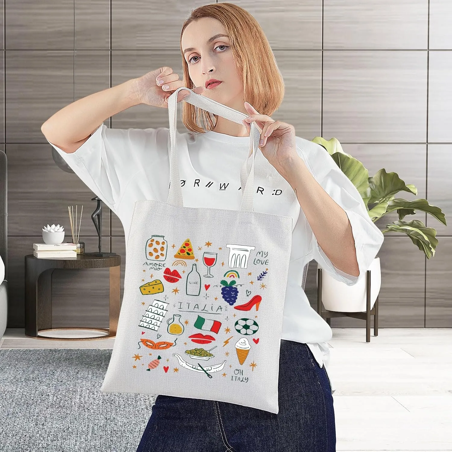 BWWKTOP Italy Canvas Tote Bag Italy Souvenir Gifts Italia Shopping Bag Italia Land Icons Shoulder Bag