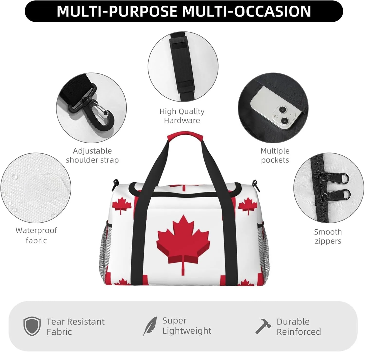 Canada Flag Travel Duffel Bag Large Foldable Waterproof Overnight Bag For Beach Swim Bags Pool Sports Gym