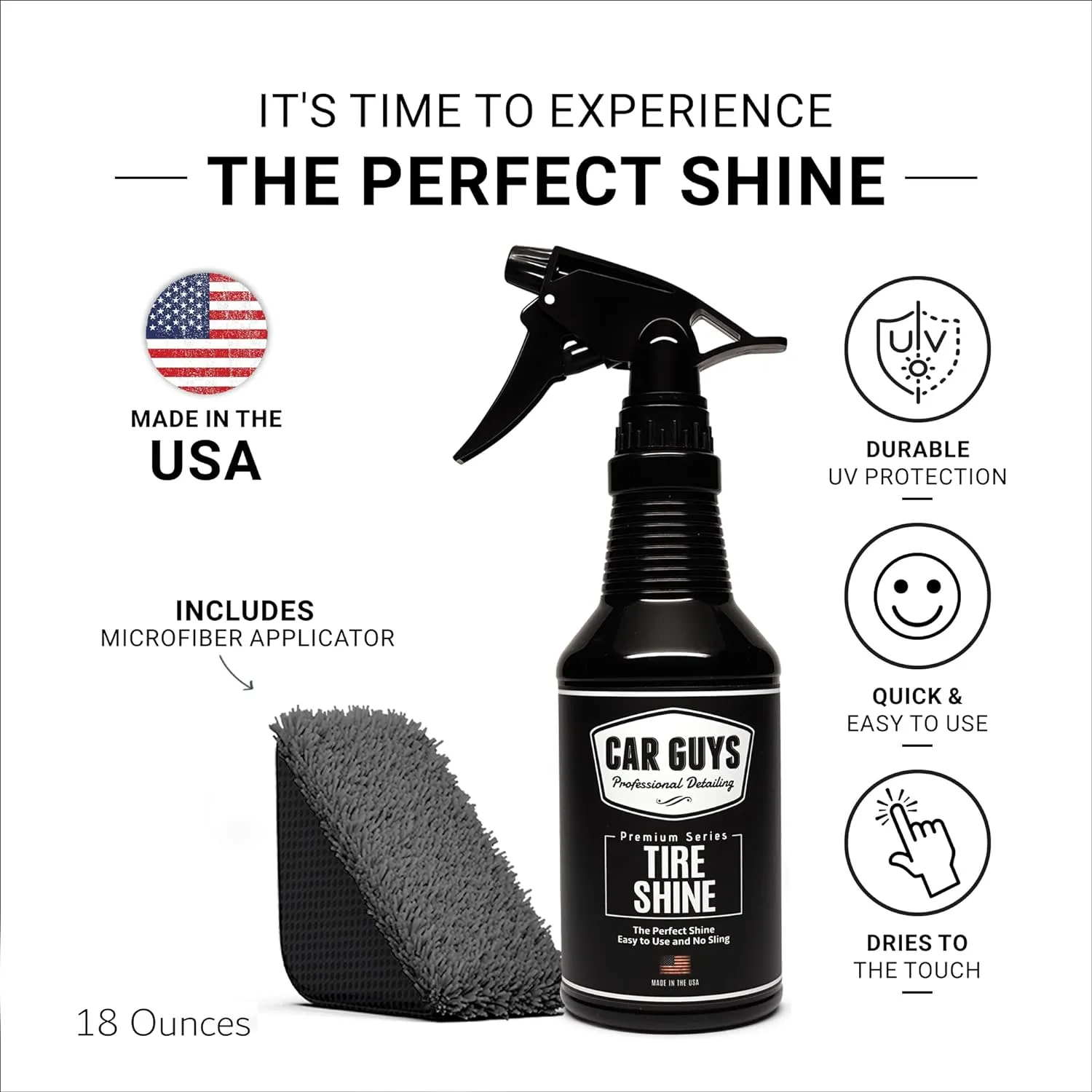 CAR GUYS Tire Shine Spray | High Gloss & Satin Finish | Non-Greasy, UV Protection, Long-Lasting, Quick Drying | Dressing for Black Tires, Wheels, & Rubber | 18oz Kit with Applicator Pad