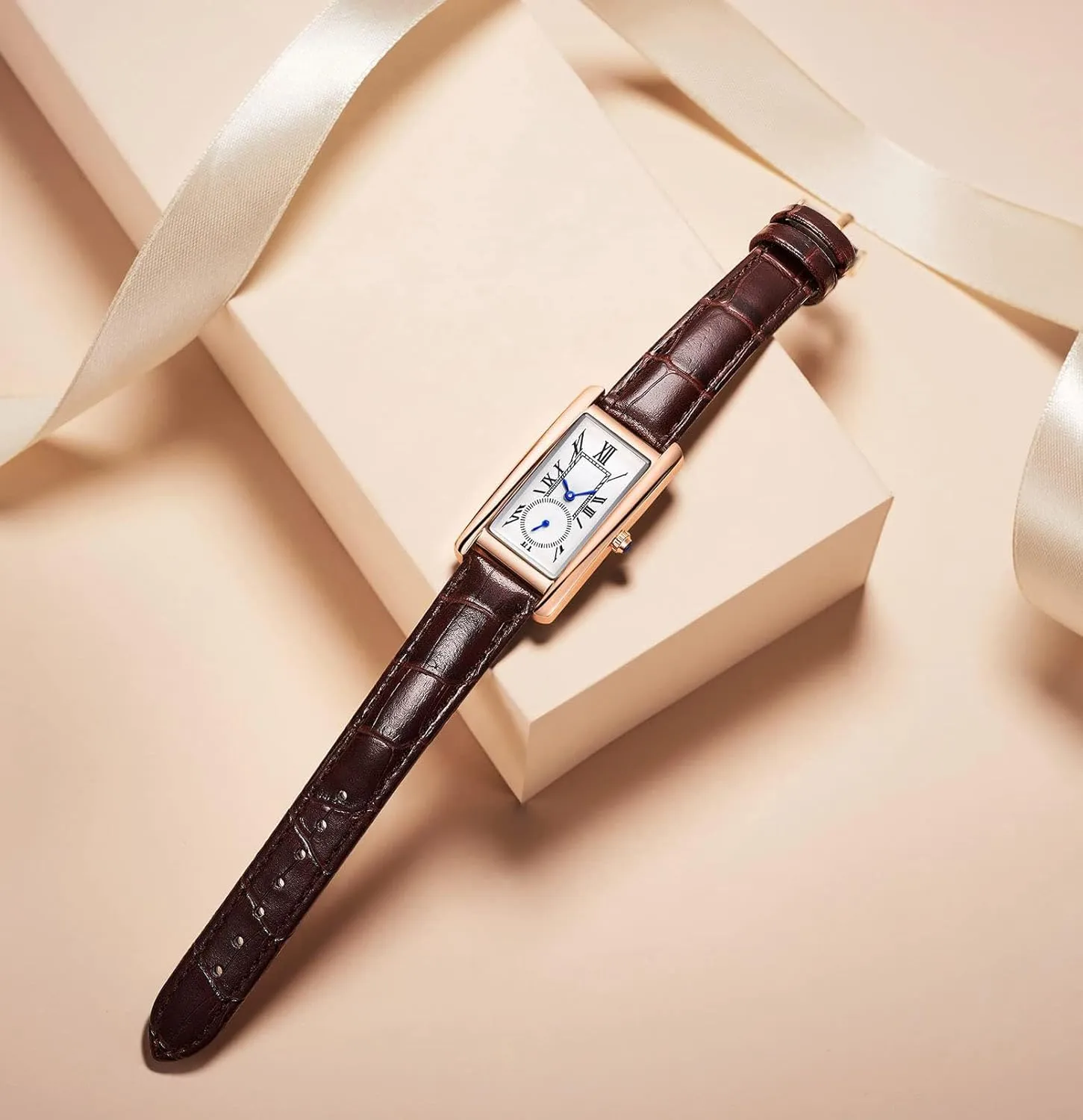 carlien Women Quartz Watch Lady Stylish Rectangle Dress Watch with Leather Strap and Blue Crystal Crown