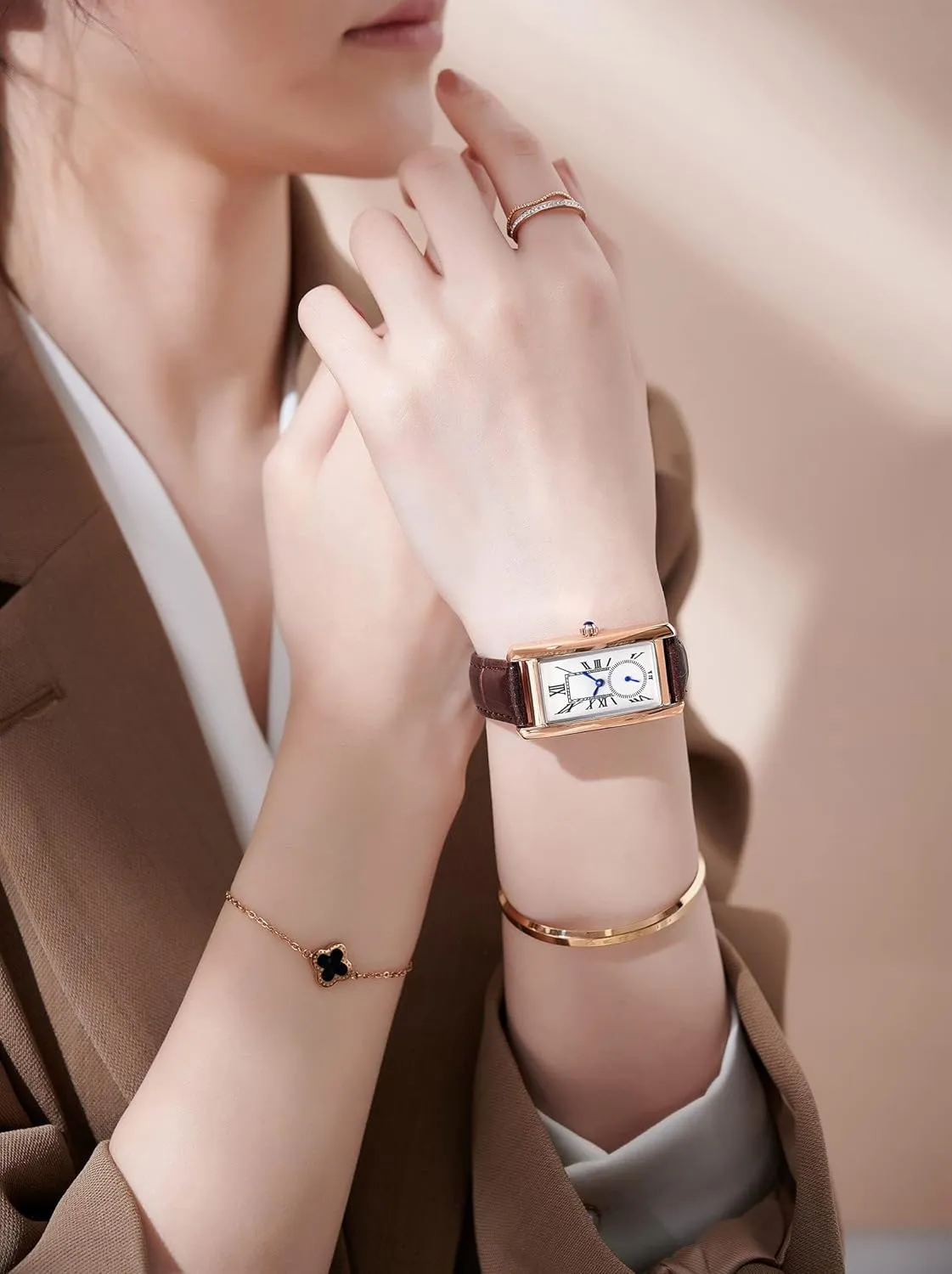 carlien Women Quartz Watch Lady Stylish Rectangle Dress Watch with Leather Strap and Blue Crystal Crown