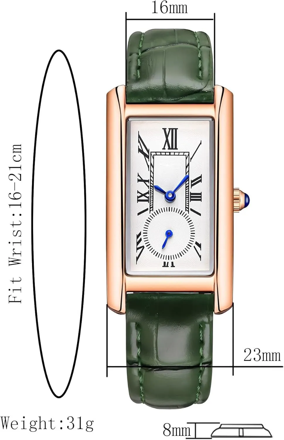 carlien Women Quartz Watch Lady Stylish Rectangle Dress Watch with Leather Strap and Blue Crystal Crown