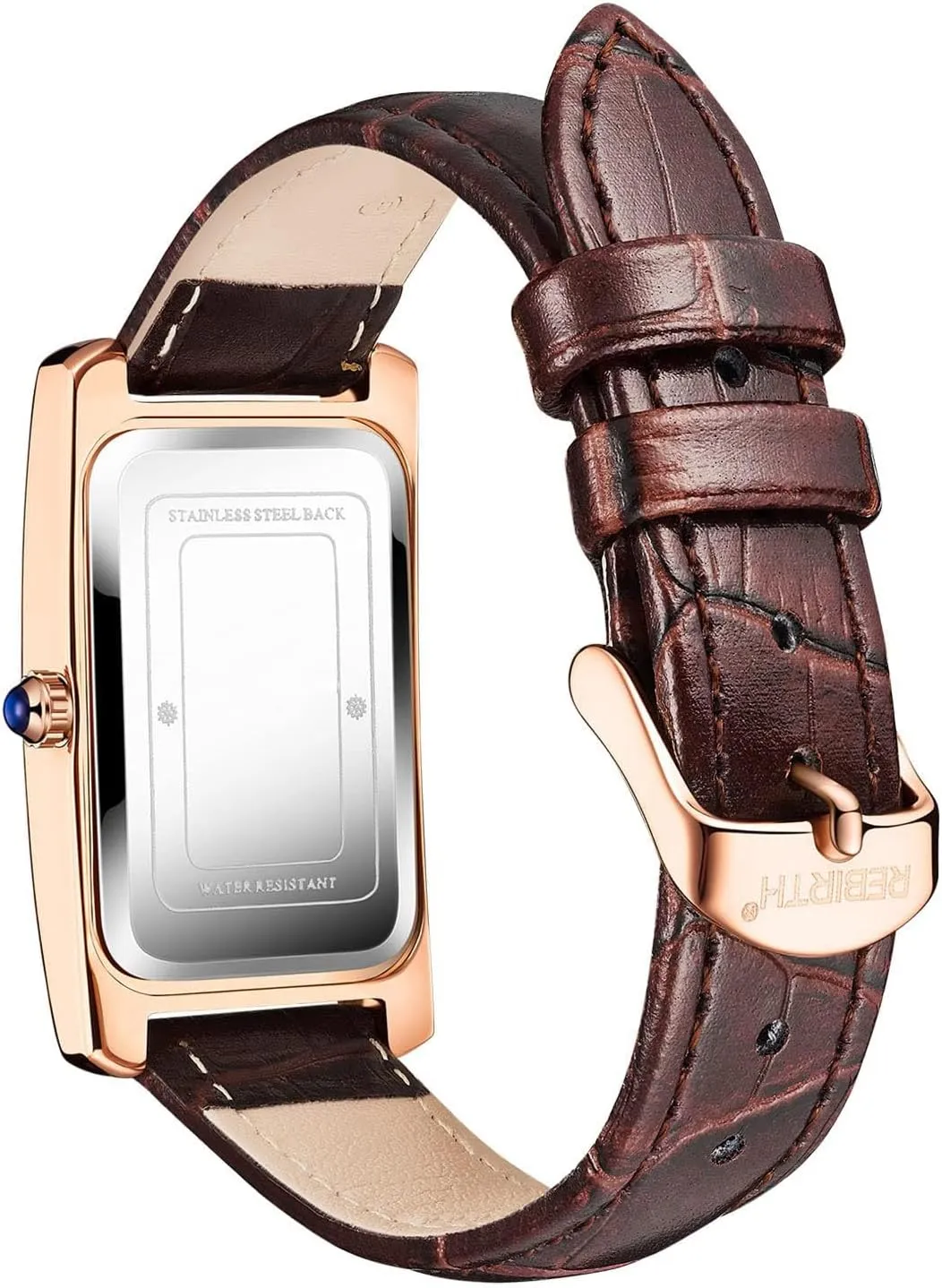 carlien Women Quartz Watch Lady Stylish Rectangle Dress Watch with Leather Strap and Blue Crystal Crown