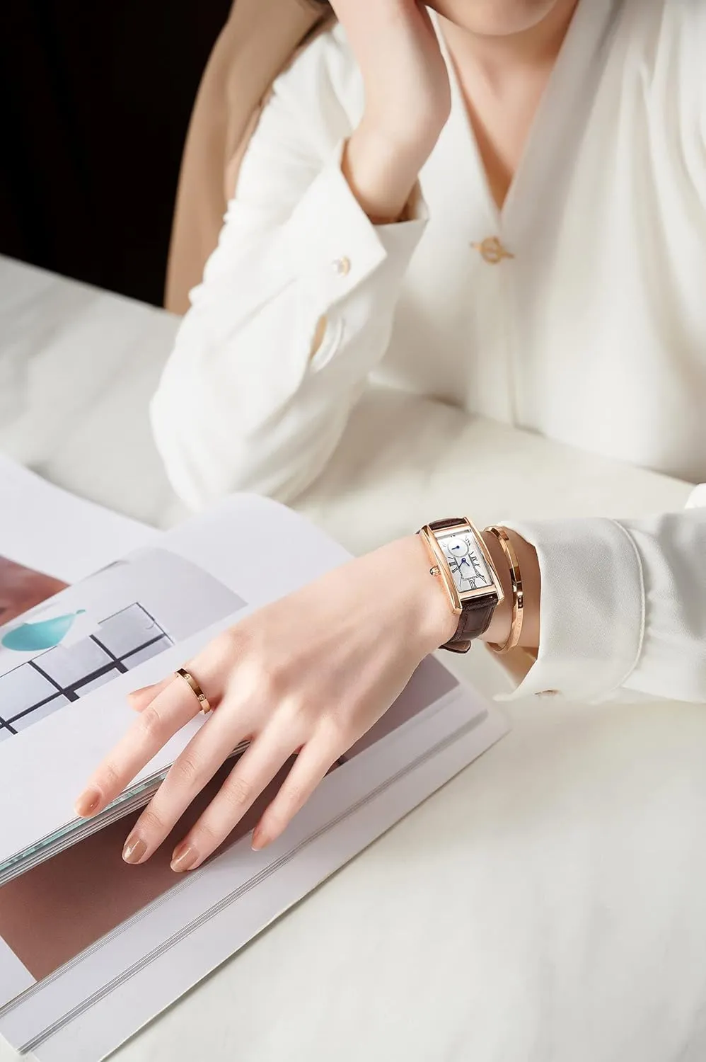 carlien Women Quartz Watch Lady Stylish Rectangle Dress Watch with Leather Strap and Blue Crystal Crown
