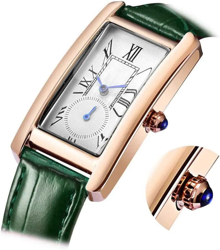 carlien Women Quartz Watch Lady Stylish Rectangle Dress Watch with Leather Strap and Blue Crystal Crown