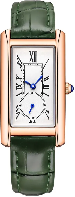 carlien Women Quartz Watch Lady Stylish Rectangle Dress Watch with Leather Strap and Blue Crystal Crown