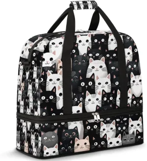 Cartoon Cute Cats Foldable Travel Duffel Bag Overnight Weekender Bag with Shoes Compartment Sports Gym Bag for Men Women