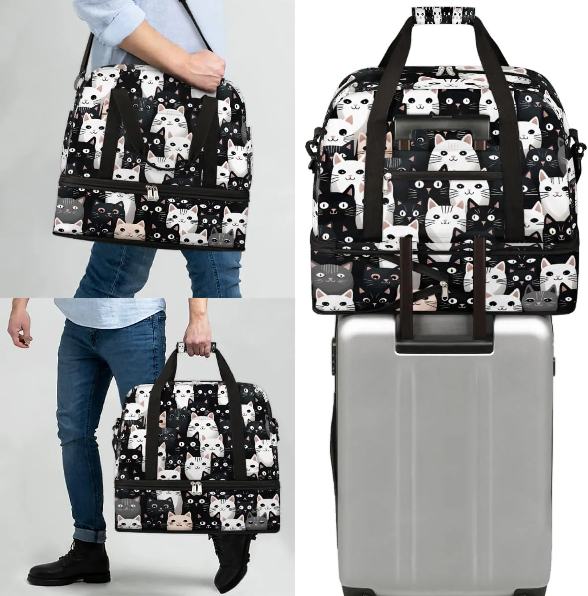 Cartoon Cute Cats Foldable Travel Duffel Bag Overnight Weekender Bag with Shoes Compartment Sports Gym Bag for Men Women