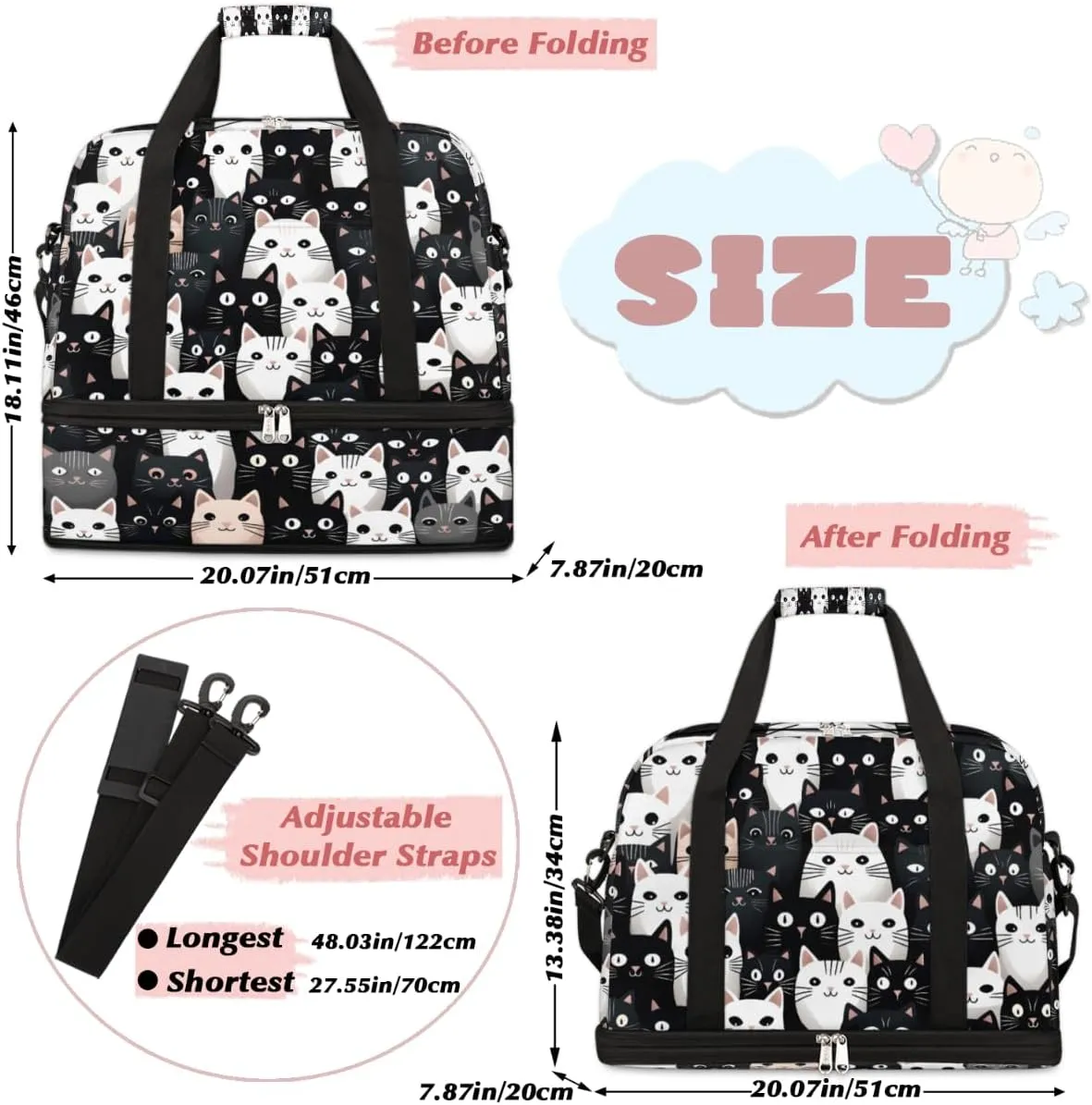 Cartoon Cute Cats Foldable Travel Duffel Bag Overnight Weekender Bag with Shoes Compartment Sports Gym Bag for Men Women