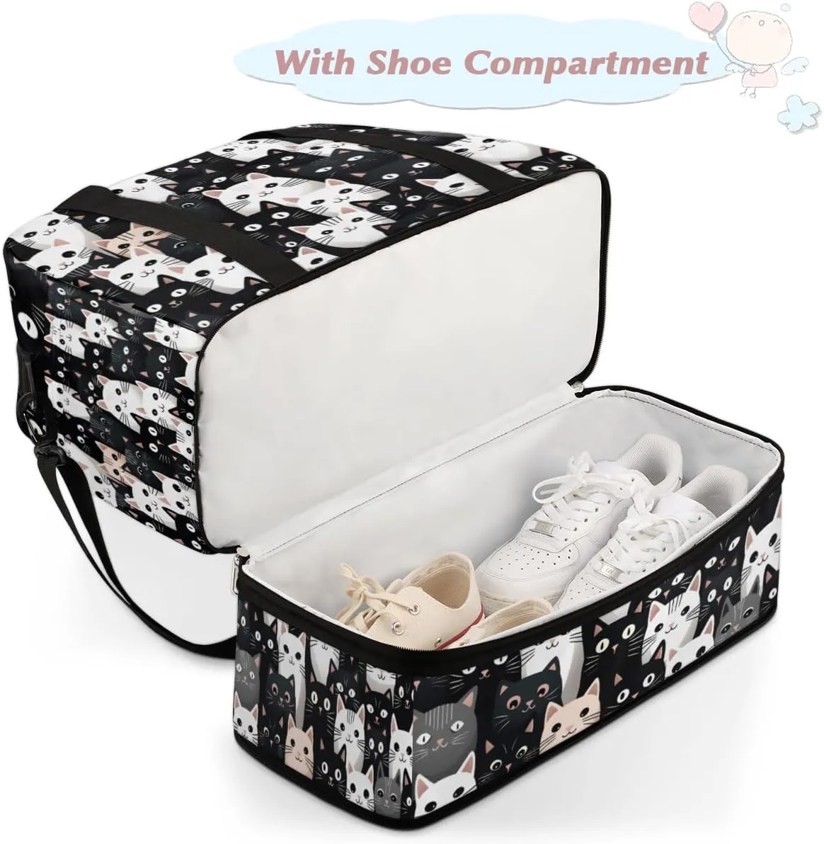 Cartoon Cute Cats Foldable Travel Duffel Bag Overnight Weekender Bag with Shoes Compartment Sports Gym Bag for Men Women