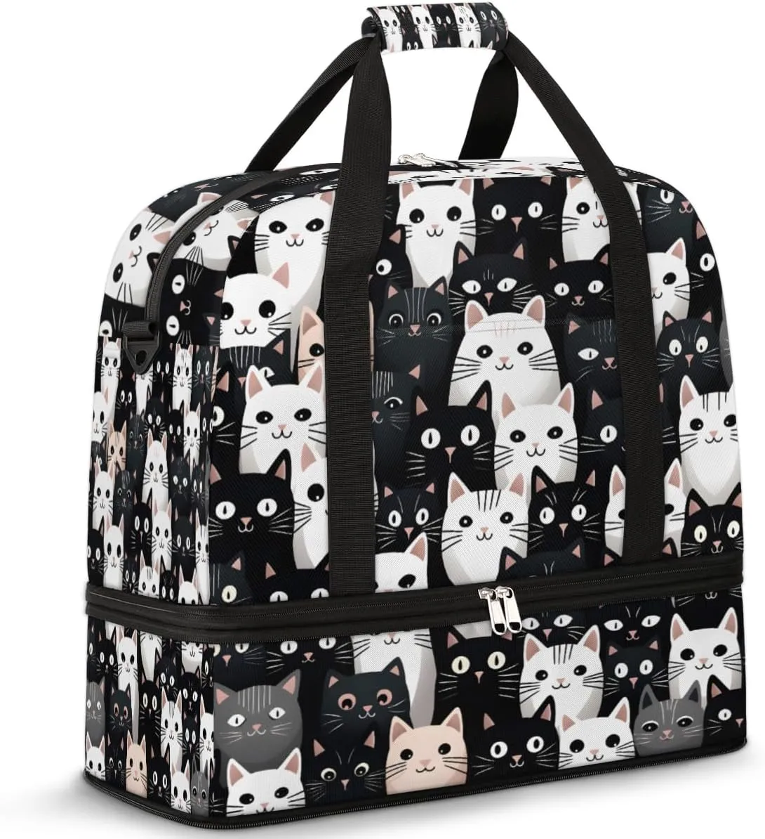 Cartoon Cute Cats Foldable Travel Duffel Bag Overnight Weekender Bag with Shoes Compartment Sports Gym Bag for Men Women