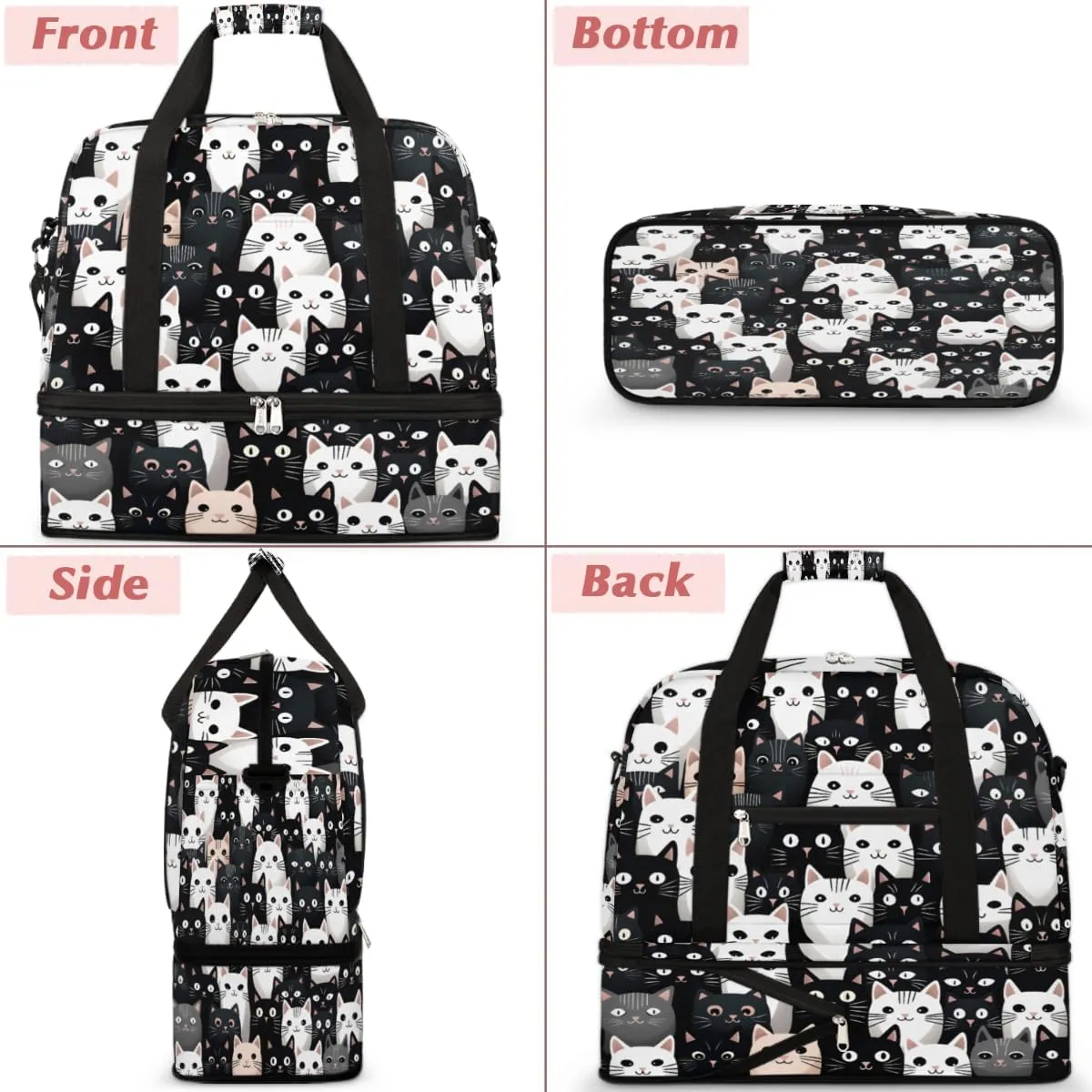 Cartoon Cute Cats Foldable Travel Duffel Bag Overnight Weekender Bag with Shoes Compartment Sports Gym Bag for Men Women