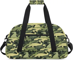 Cartoon Dinosaur Gym Duffel Bag for Men Women Camouflage Green Sports Tote Bag with Adjustable Shoulder Strap for Dance Gymnastics Traveling Outdoor Camping Overnight Stay