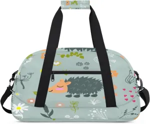 Cartoon Hedgehog Gym Duffel Bag for Men Women Handpainted Flowers Grass Sports Tote Bag with Adjustable Shoulder Strap for Dance Gymnastics Traveling Outdoor Camping Overnight Stay