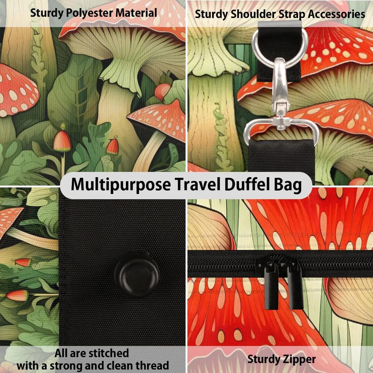 Cartoon Mushrooms Travel Duffel Bag for Women Men Waterproof Foldable Overnight Weekender Bag Large Capacity Sports Gym Bag