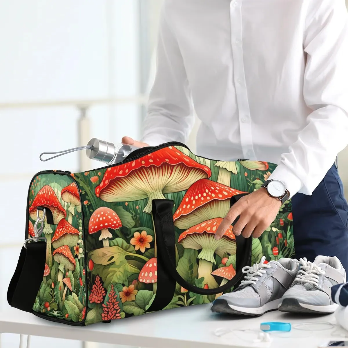 Cartoon Mushrooms Travel Duffel Bag for Women Men Waterproof Foldable Overnight Weekender Bag Large Capacity Sports Gym Bag