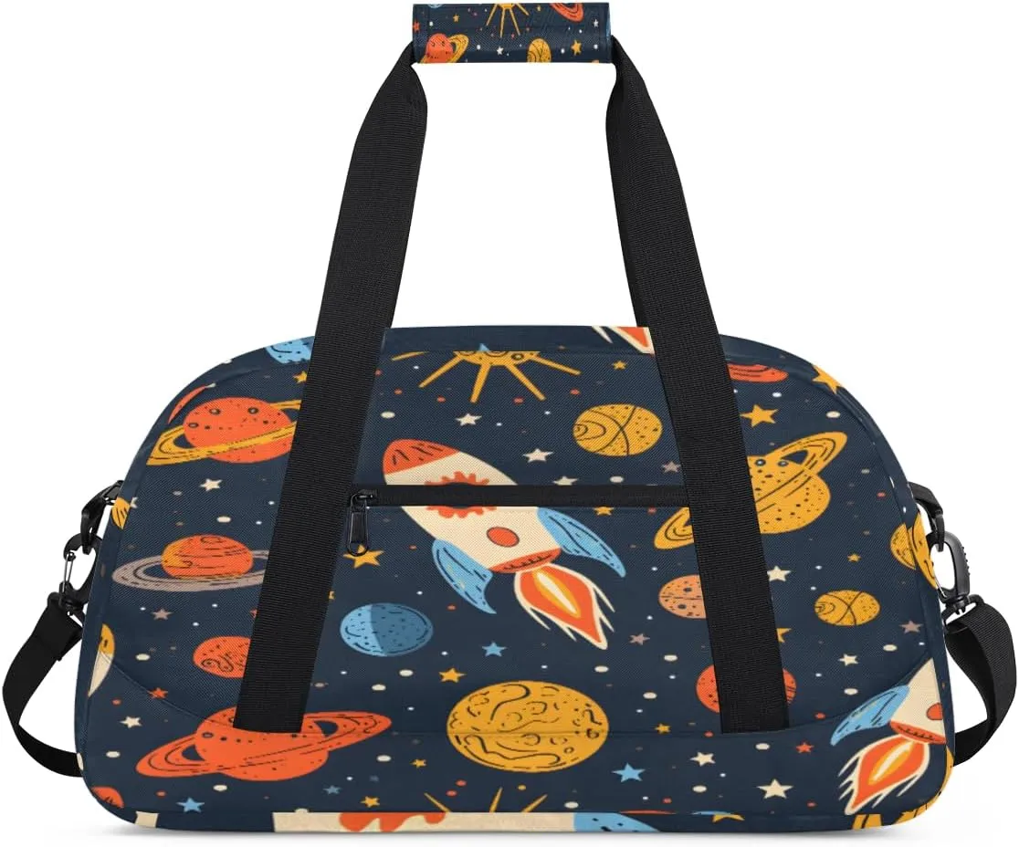 Cartoon Rocket Gym Duffel Bag for Men Women Cartoon Planet Sports Tote Bag with Adjustable Shoulder Strap for Dance Gymnastics Traveling Outdoor Camping Overnight Stay