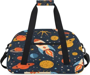 Cartoon Rocket Gym Duffel Bag for Men Women Cartoon Planet Sports Tote Bag with Adjustable Shoulder Strap for Dance Gymnastics Traveling Outdoor Camping Overnight Stay