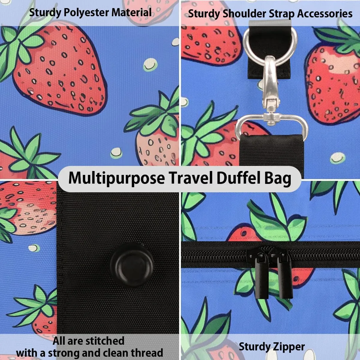 Cartoon Strawberry Travel Duffel Bag for Women Men Waterproof Foldable Overnight Weekender Bag Large Capacity Sports Gym Bag