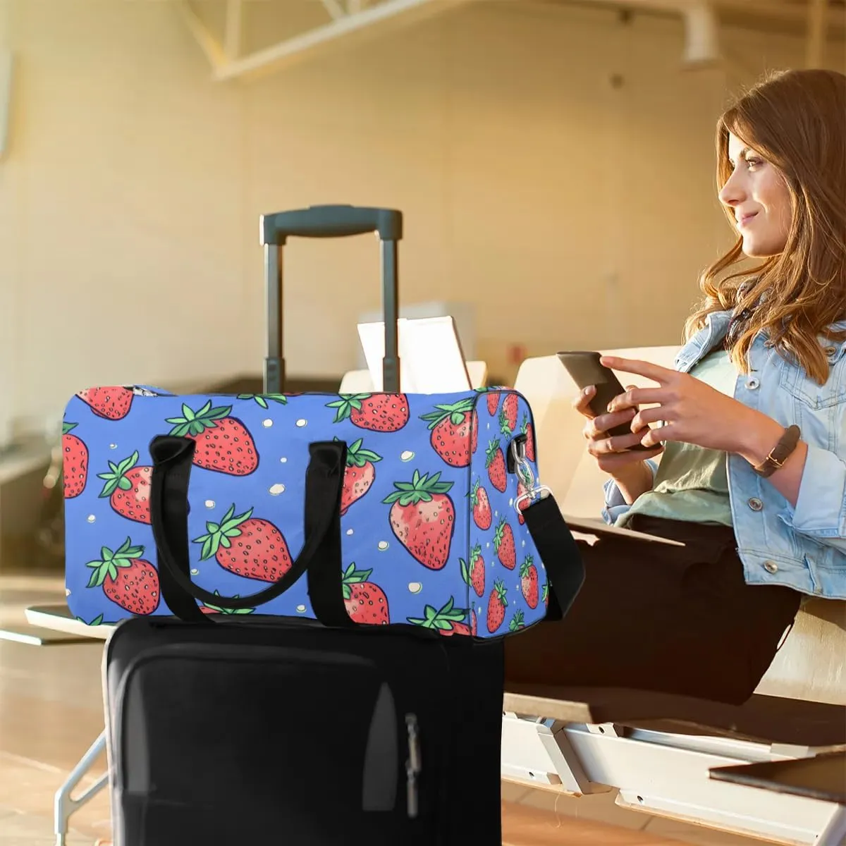 Cartoon Strawberry Travel Duffel Bag for Women Men Waterproof Foldable Overnight Weekender Bag Large Capacity Sports Gym Bag