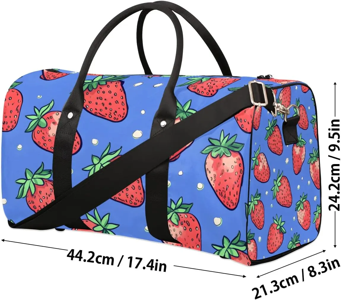 Cartoon Strawberry Travel Duffel Bag for Women Men Waterproof Foldable Overnight Weekender Bag Large Capacity Sports Gym Bag