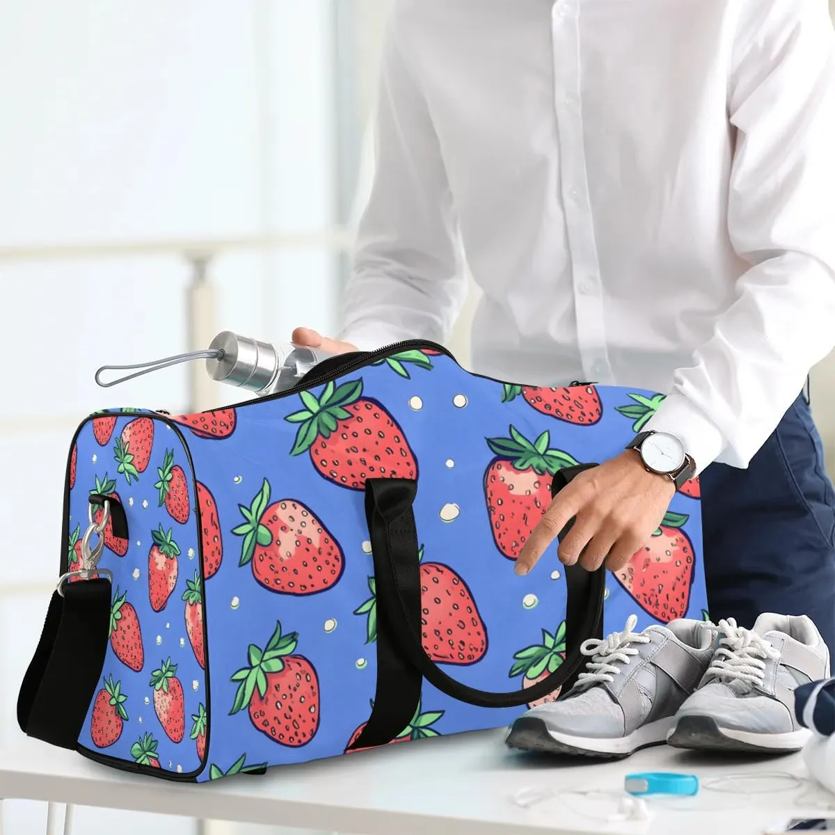Cartoon Strawberry Travel Duffel Bag for Women Men Waterproof Foldable Overnight Weekender Bag Large Capacity Sports Gym Bag