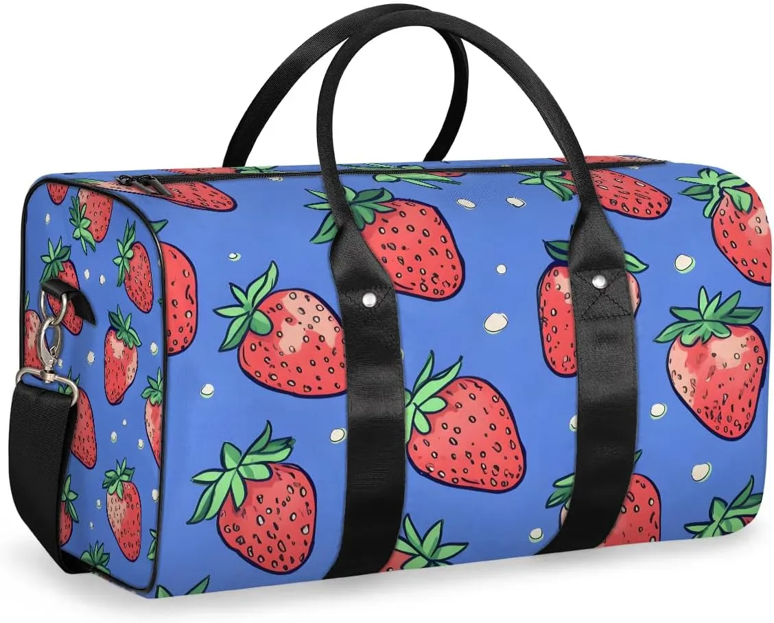 Cartoon Strawberry Travel Duffel Bag for Women Men Waterproof Foldable Overnight Weekender Bag Large Capacity Sports Gym Bag