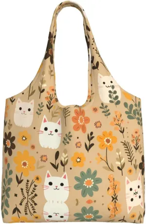 Cat in the Bush Printed single-shoulder canvas bag, large-capacity grocery shopping bag, light and easy to carry