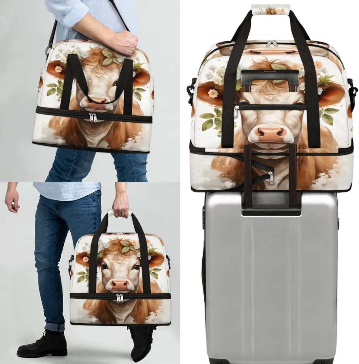 Cattle Print Foldable Travel Duffel Bag Overnight Weekender Bag with Shoes Compartment Sports Gym Bag for Men Women