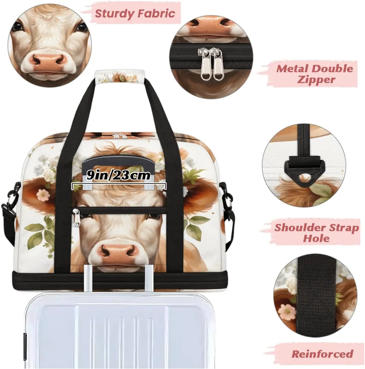 Cattle Print Foldable Travel Duffel Bag Overnight Weekender Bag with Shoes Compartment Sports Gym Bag for Men Women