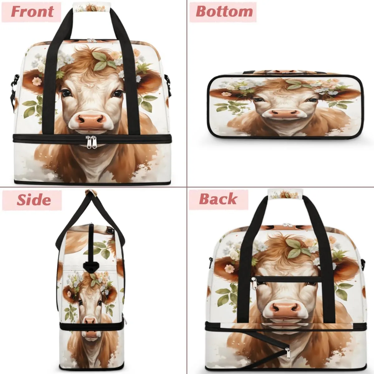 Cattle Print Foldable Travel Duffel Bag Overnight Weekender Bag with Shoes Compartment Sports Gym Bag for Men Women