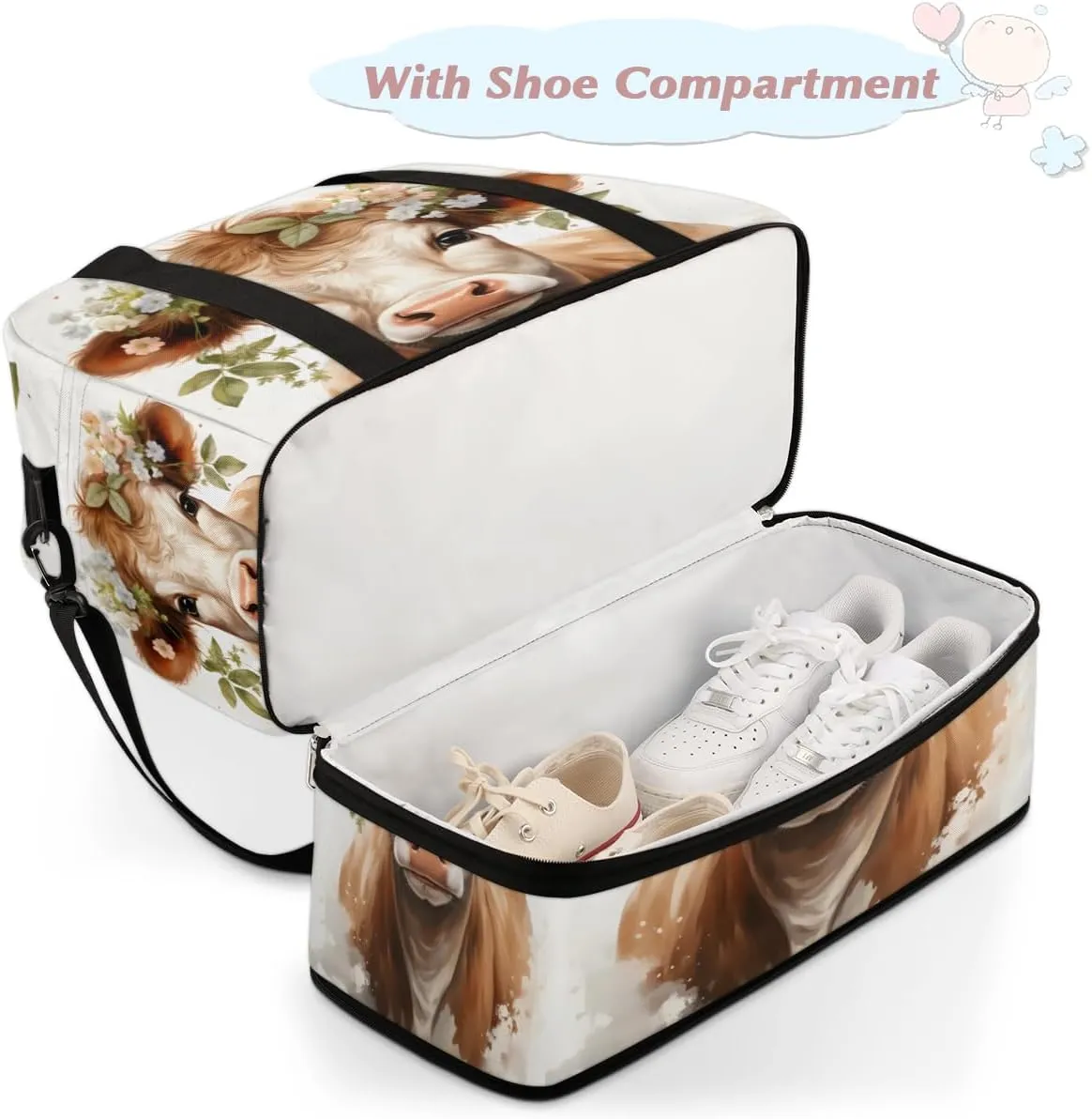 Cattle Print Foldable Travel Duffel Bag Overnight Weekender Bag with Shoes Compartment Sports Gym Bag for Men Women