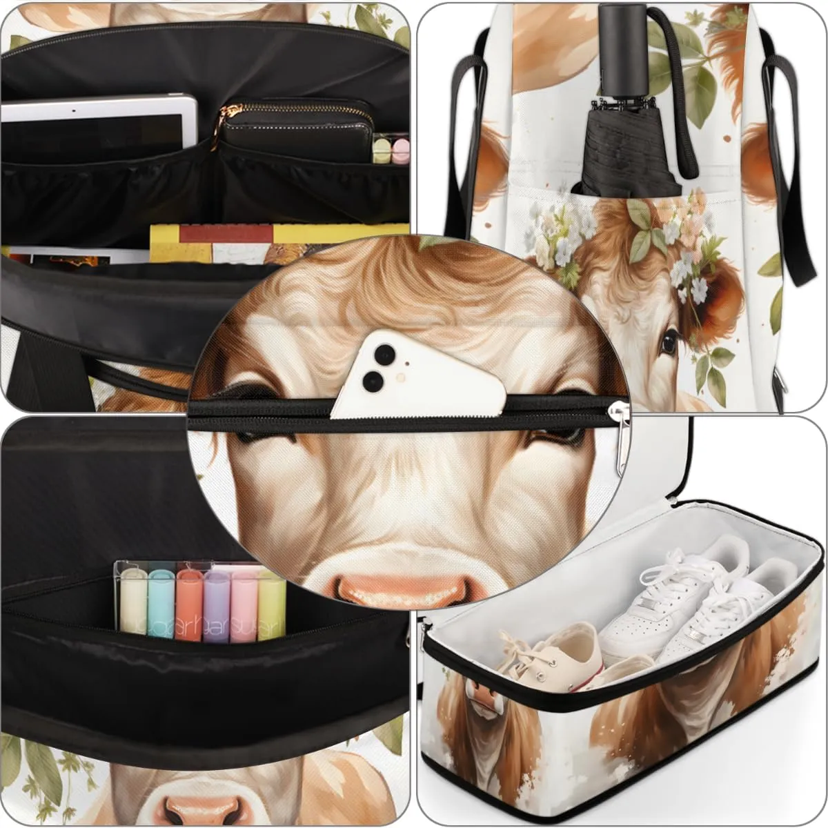 Cattle Print Foldable Travel Duffel Bag Overnight Weekender Bag with Shoes Compartment Sports Gym Bag for Men Women