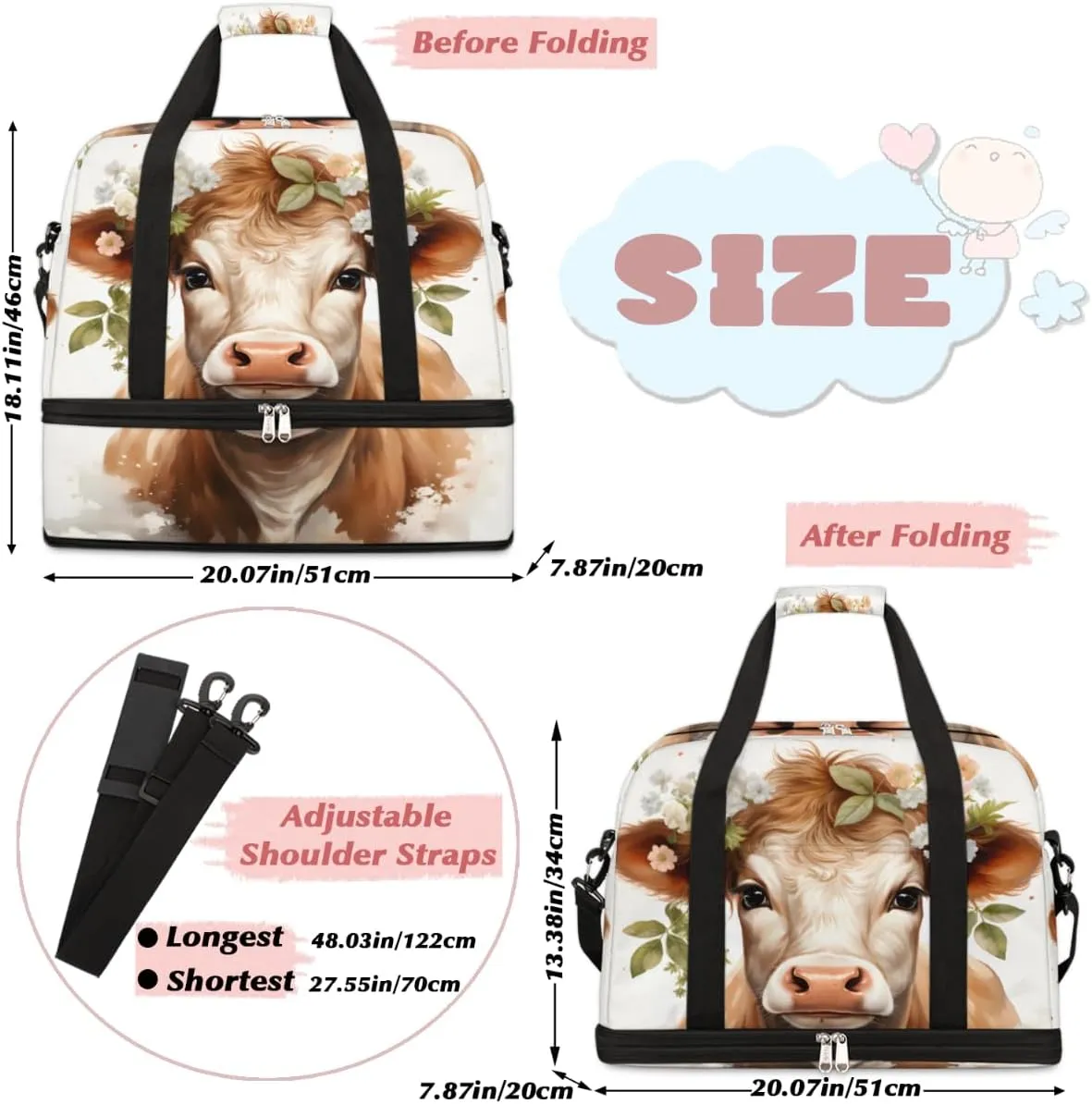 Cattle Print Foldable Travel Duffel Bag Overnight Weekender Bag with Shoes Compartment Sports Gym Bag for Men Women
