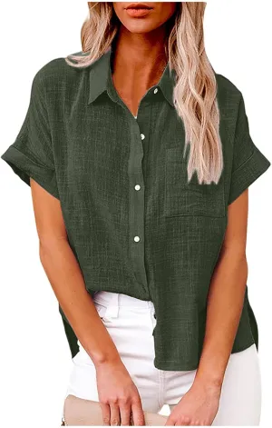 Ceboyel Women Cotton Linen Summer Shirts Collared Button Down Blouses Gauze Short Sleeve Tops Causal Ladies Outfits 2023