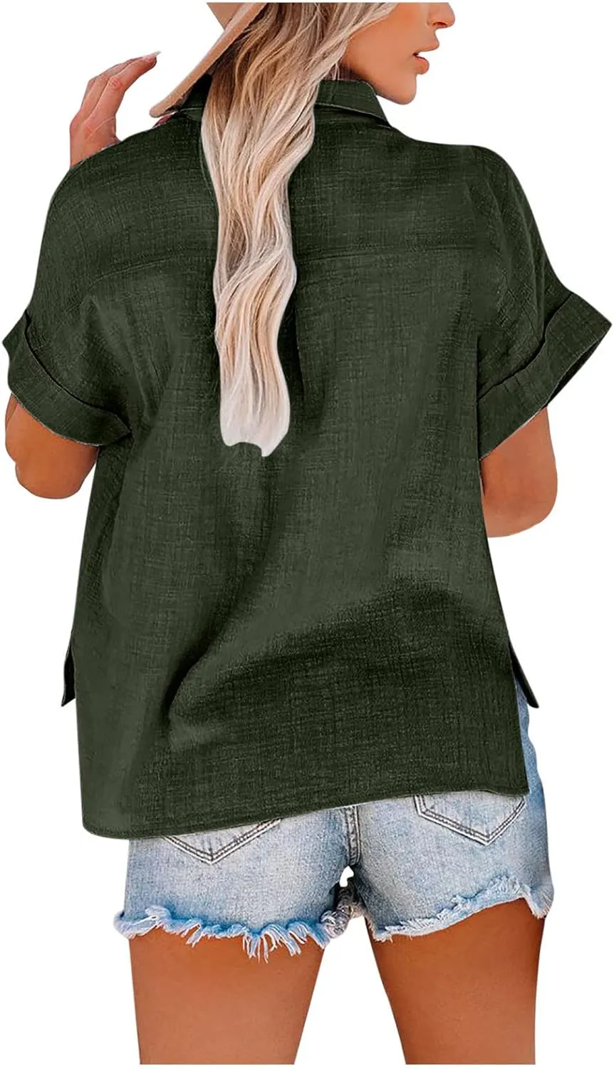 Ceboyel Women Cotton Linen Summer Shirts Collared Button Down Blouses Gauze Short Sleeve Tops Causal Ladies Outfits 2023