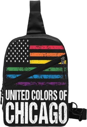 Chicago Gay LGBT Pride Rainbow American Flag Crossbody Bag Portable Sling Bags Foldable Chest Daypack Reusable Sports Shoulder Backpack Diagonally Casual Rucksack Travel Bag